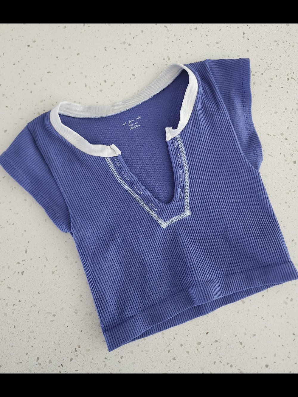 Urban Outfitters Blue Ribbed V-Neck Crop Top with White Trim